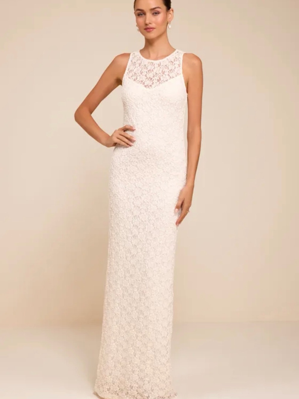 Lulu's Ivory Lace Maxi Dress with Sheer Yoke